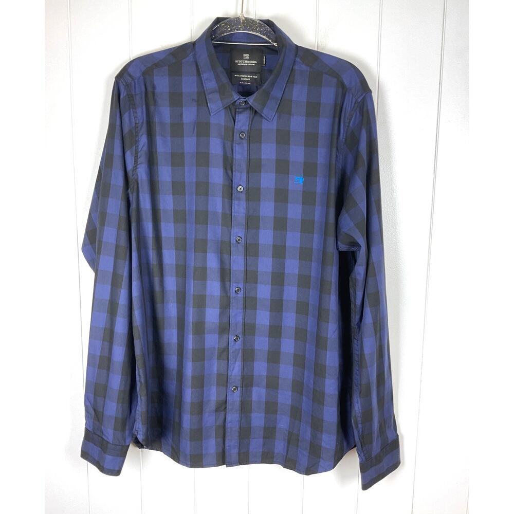 Scotch & Soda Blue Regular Fit‎ Check Button Down Shirt Comfort Stretch Size XL